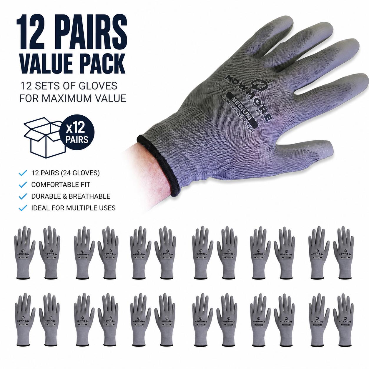 12 pack of gray MowMore PU coated safety work gloves