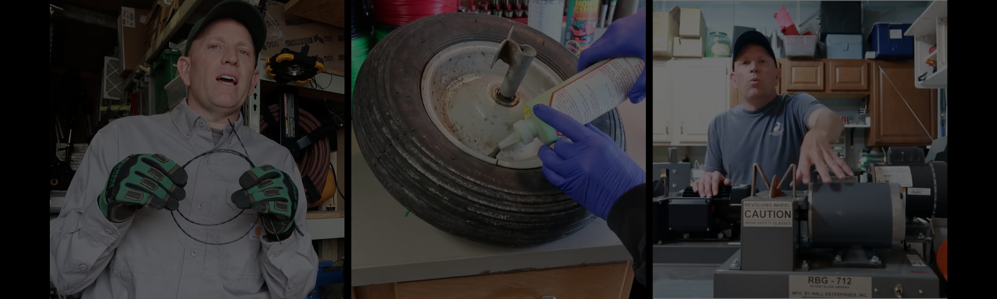 Collage of a man working with a tire, another with gloves on a surface, and a third in a kitchen.