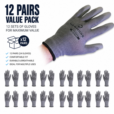 12 pack of gray MowMore PU coated safety work gloves