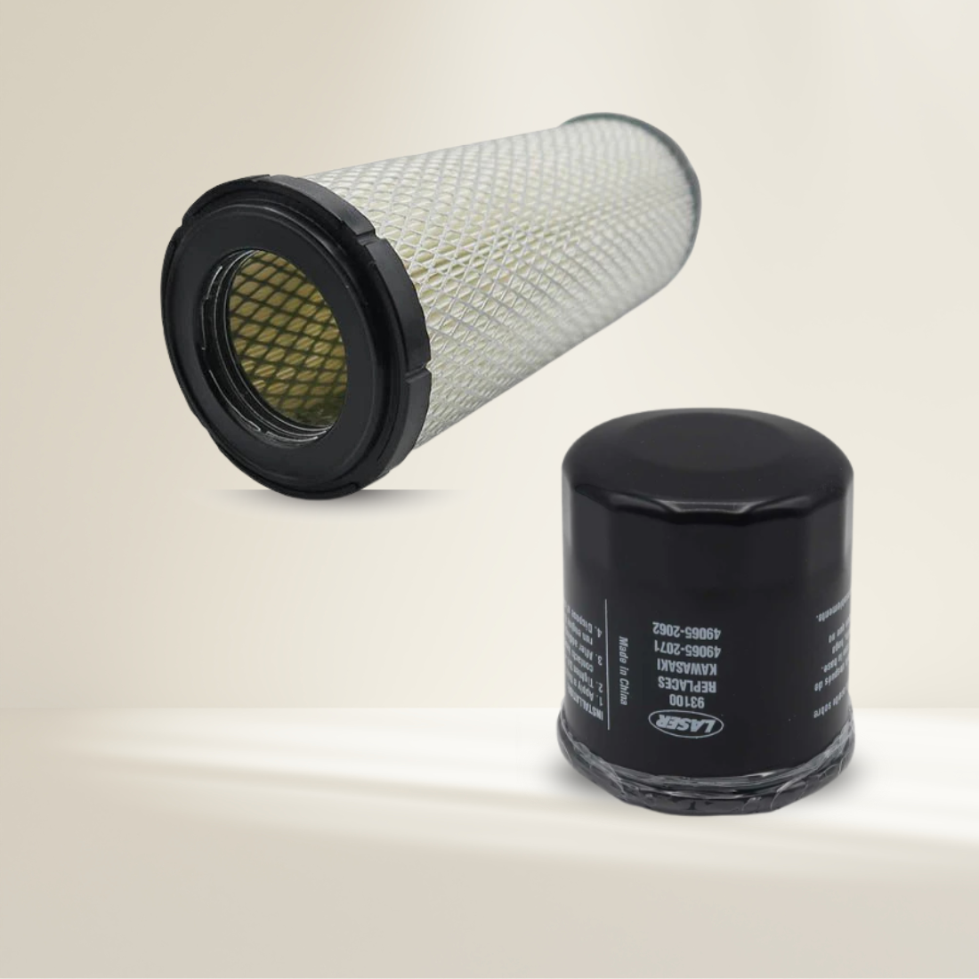 Two filters, one cylindrical and one black with text, on a beige background