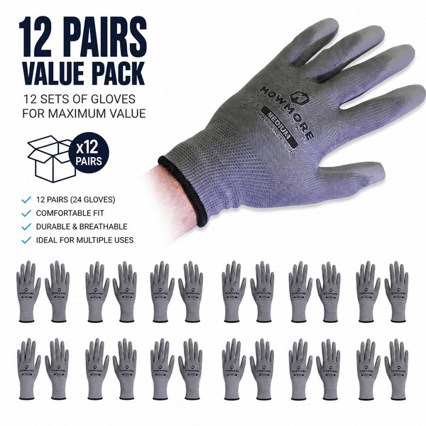 Safety Work Gloves, 12 Pair PU Coated Pack | MowMore