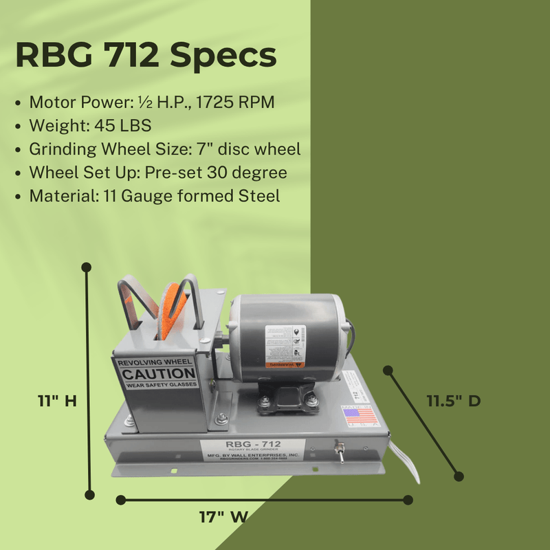 RBG 712 Blade Grinder, Mower Blade Sharpener, Fast Grind | MowMore
RBG712 Specs include 1/2 HP motor power with 7" grinding wheel size pre-set 30 degree with 11 gague formed steel