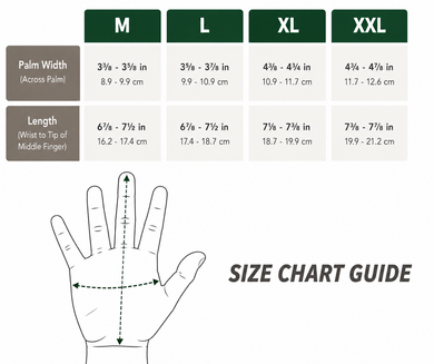 Work glove size chart for M, L, XL, and 2XL gloves